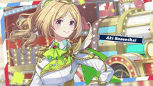 an anime girl with the name aki rosenthal on the bottom
