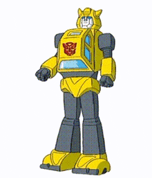 a cartoon drawing of a yellow robot with a transformers logo in the background