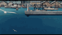 several boats are docked in a harbor with a lighthouse