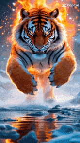 a tiger is jumping over a body of water surrounded by flames .