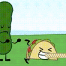 a cartoon of a taco and a cucumber playing tug of war