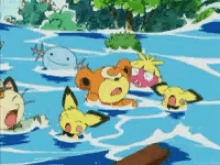 a group of cartoon characters are floating in the water