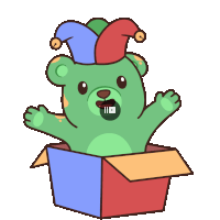 a green teddy bear wearing a jester hat is sitting in a cardboard box