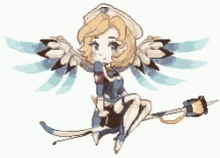 a pixel art drawing of a nurse with wings and a bow .
