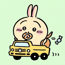 a cartoon of a bunny driving a toy truck with a lollipop in its mouth