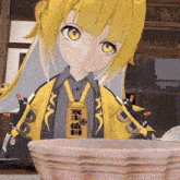 a yellow haired anime girl with chinese writing on a tag around her neck
