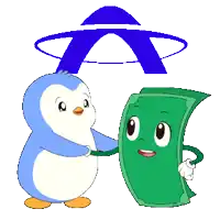 a penguin holding a green dollar bill with a face