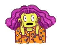 a cartoon character with purple hair and a green face