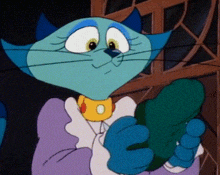a cartoon cat is wearing a purple coat and holding a green object
