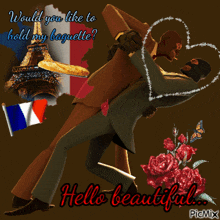 a picture of a man holding another man with the words " would you like to hold my baguette "