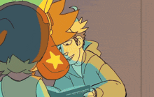 a cartoon drawing of a man reading a book with a star on it