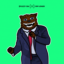 a cartoon of a bear in a suit and tie with the words $ fuzzy on xrp ledger below him