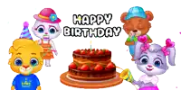 a birthday cake with strawberries on it is surrounded by cartoon characters and the words happy birthday
