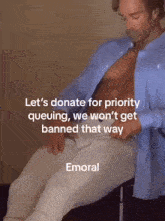a shirtless man is sitting on a chair with a caption that says let 's donate