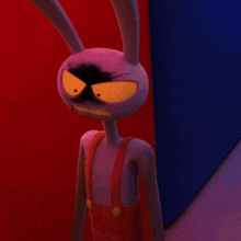 a purple rabbit with overalls on is standing in front of a red and blue wall