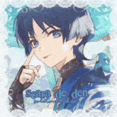 a drawing of a boy with blue hair and the words scara de den