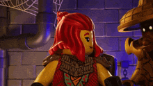 a lego figure with red hair is standing next to a statue