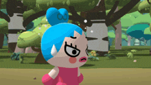 a cartoon character with blue hair is standing in a lush green forest