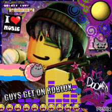 a picture of a boy holding a gun with the words guys get on roblox