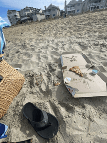 a slice of pizza in a box on a beach