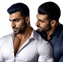 two men standing next to each other with one wearing a blue shirt