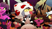a group of cartoon characters are posing for a picture with one wearing a bloody hood