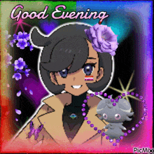 a picture of a girl with a purple flower in her hair and the words good evening
