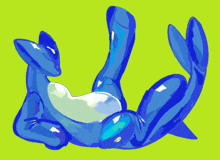 a drawing of a blue inflatable dolphin on a green background