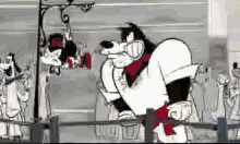 a black and white cartoon of a dog wearing sunglasses and a red scarf .