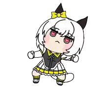 a cartoon girl with white hair and black ears is wearing a black and yellow dress and a bow .