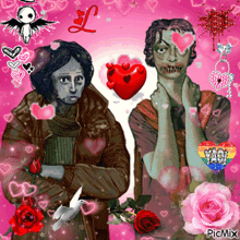 a couple of zombies standing next to each other on a pink background with hearts and roses and the word picmix at the bottom