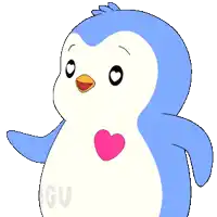 a cartoon penguin with a pink heart on its chest