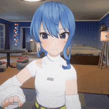 a girl with blue hair is standing in a bedroom