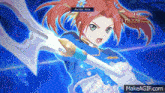 a girl with red hair and green eyes is holding a spear and has 29 points of damage
