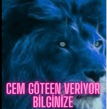 a picture of a blue lion with the words cem goteen veriyor bilginize written below it