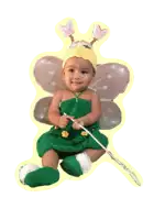 a baby dressed in a fairy costume holds a wand