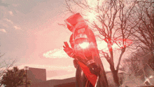 a red light is shining on a person in a red suit