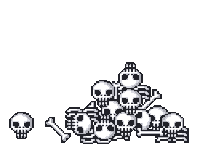 a pixel art illustration of a group of skeletons holding bones and skulls .
