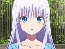 a girl with long white hair and blue eyes