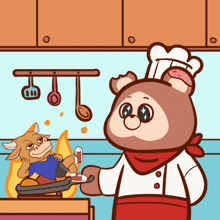 a cartoon illustration of a chef and a bull cooking