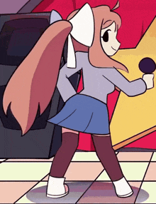 a cartoon girl with long hair is holding a microphone and dancing .