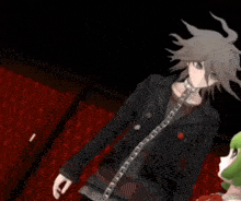 a man with a choker around his neck is talking to another person