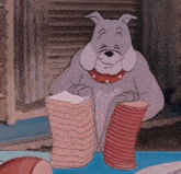 a cartoon dog is holding a stack of sausages on a table