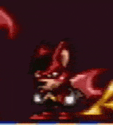 a pixel art of a red rabbit holding a sword in front of a gold letter a .