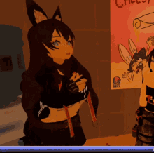 a taco bell poster hangs on a wall next to a cartoon character