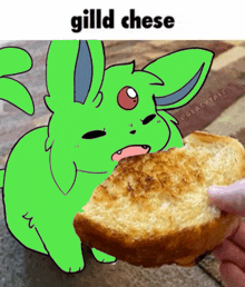 a cartoon of a green rabbit eating a slice of bread .