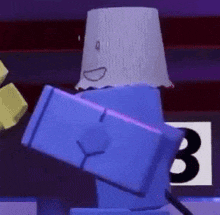 a blue block with a white bucket on top of it is holding a wallet .