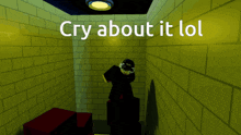 a person in a room with the words cry about it lol on it