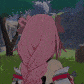 a girl with pink hair is standing in the grass