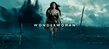 a woman in a wonder woman costume is walking through a field with the words wonderwoman above her .